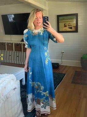Alemais Teal Blue Floral Maxi Dress with White Accents